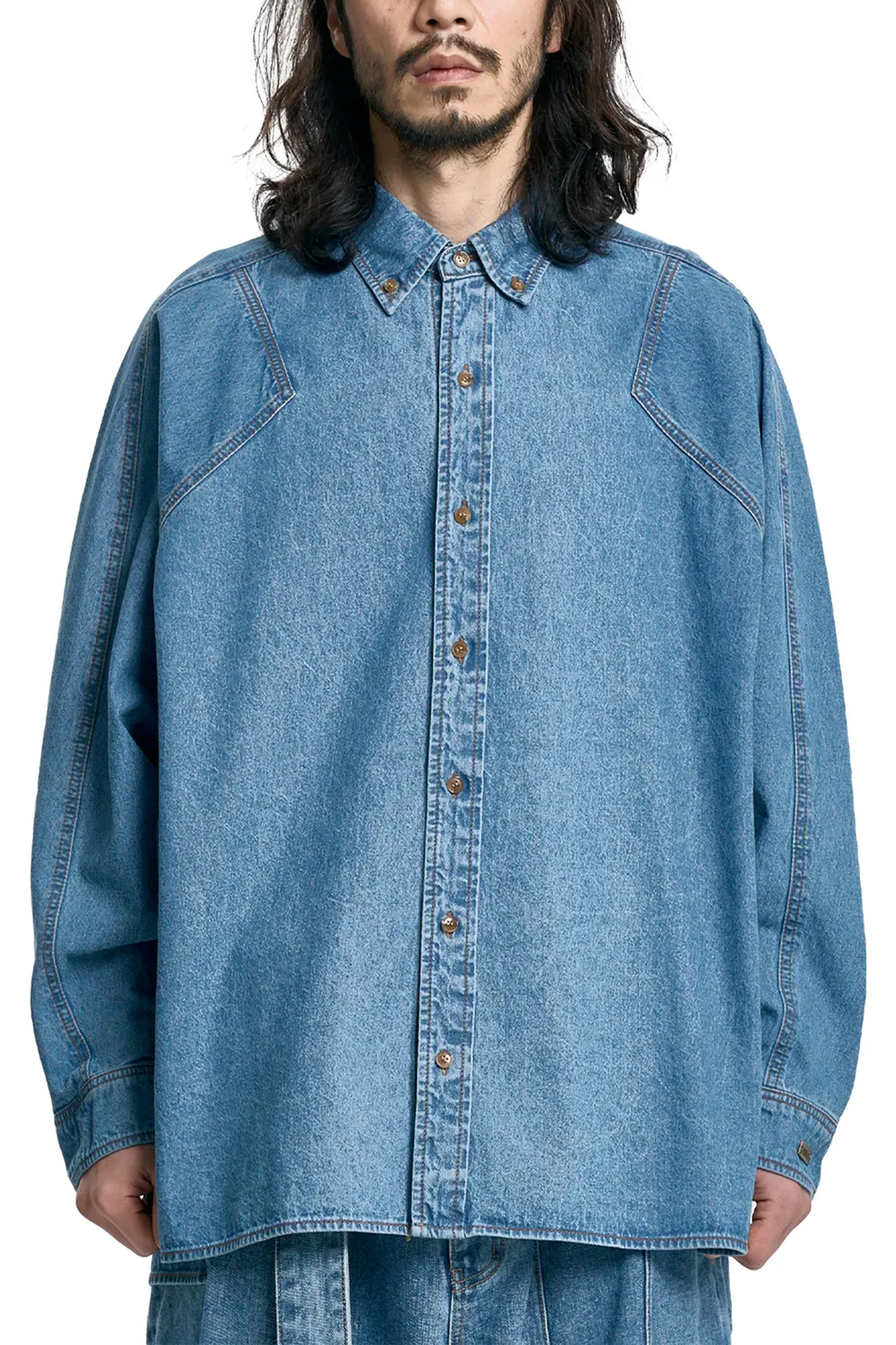 [아조바이아조]  Batwing Washed Denim Shirt 배트윙 워싱 데님 셔츠 - SKY BLUE