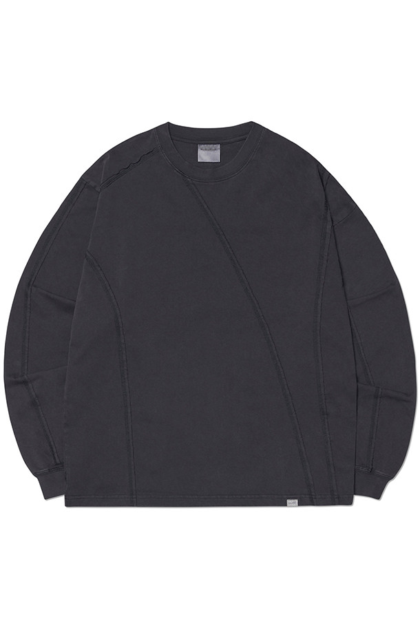 NOMANUAL - 긴팔티셔츠 - [노매뉴얼] OVERDYED CUTTING LONG SLEEVE TEE 오버다이드 커팅 롱슬리브티 - WASHED BLACK