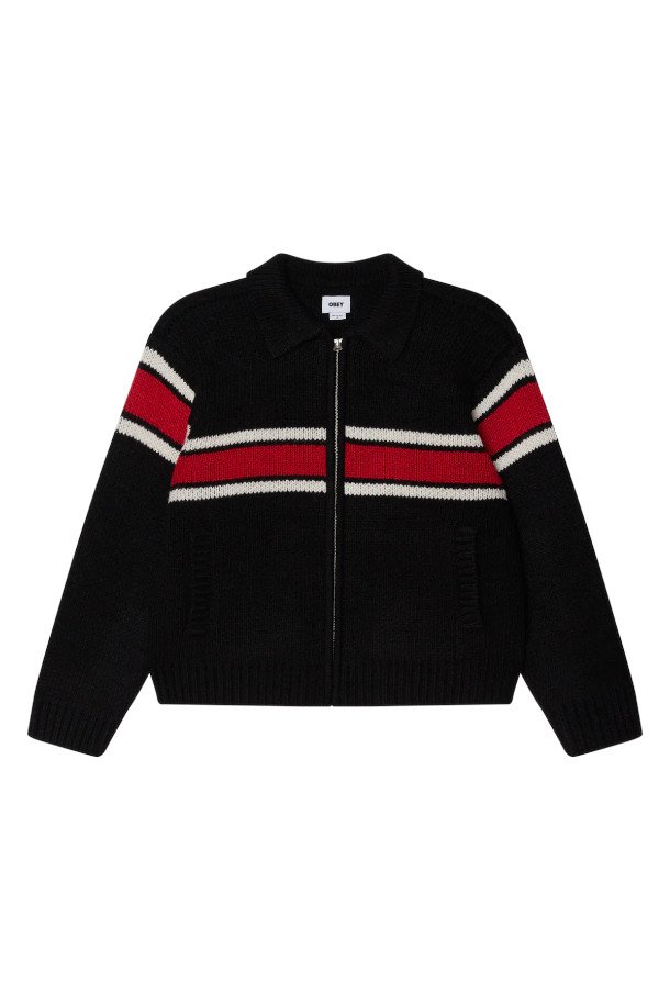 BERNARD ZIP UP SWEATER 버나드 집업 스웨터 - BLACK는 캐주얼, 스포티, 미니멀 스타일을 아우르는 남녀 공용 니트 집업 스웨터입니다. 가을, 겨울 시즌에 어울리는 두꺼운 두께감과 부드러운 촉감이 특징이며, 하프넥 디자인으로 포근함을 더했습니다. 블랙, 레드, 화이트 컬러의 스트라이프 패턴과 배색 디자인이 돋보이며 레귤러핏으로 편안하게 착용할 수 있습니다. 일상, 출근룩에 활용하기 좋은 아이템입니다.
