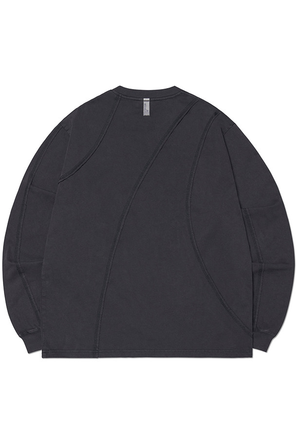 NOMANUAL - 긴팔티셔츠 - [노매뉴얼] OVERDYED CUTTING LONG SLEEVE TEE 오버다이드 커팅 롱슬리브티 - WASHED BLACK