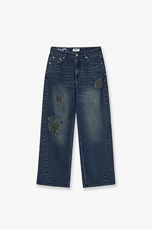 CHECK PATCHWORK DENIM PANTS - ASH BLUE