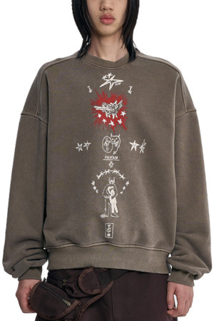 [아조바이아조] Blessing Doodle Washed Sweatshirt 블레싱 두들 워시드 스웻셔츠  - BROWN