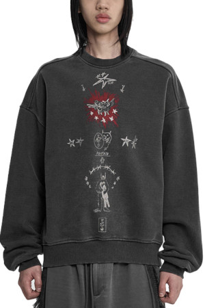 [아조바이아조] Blessing Doodle Washed Sweatshirt 블레싱 두들 워시드 스웻셔츠  - CHARCOAL