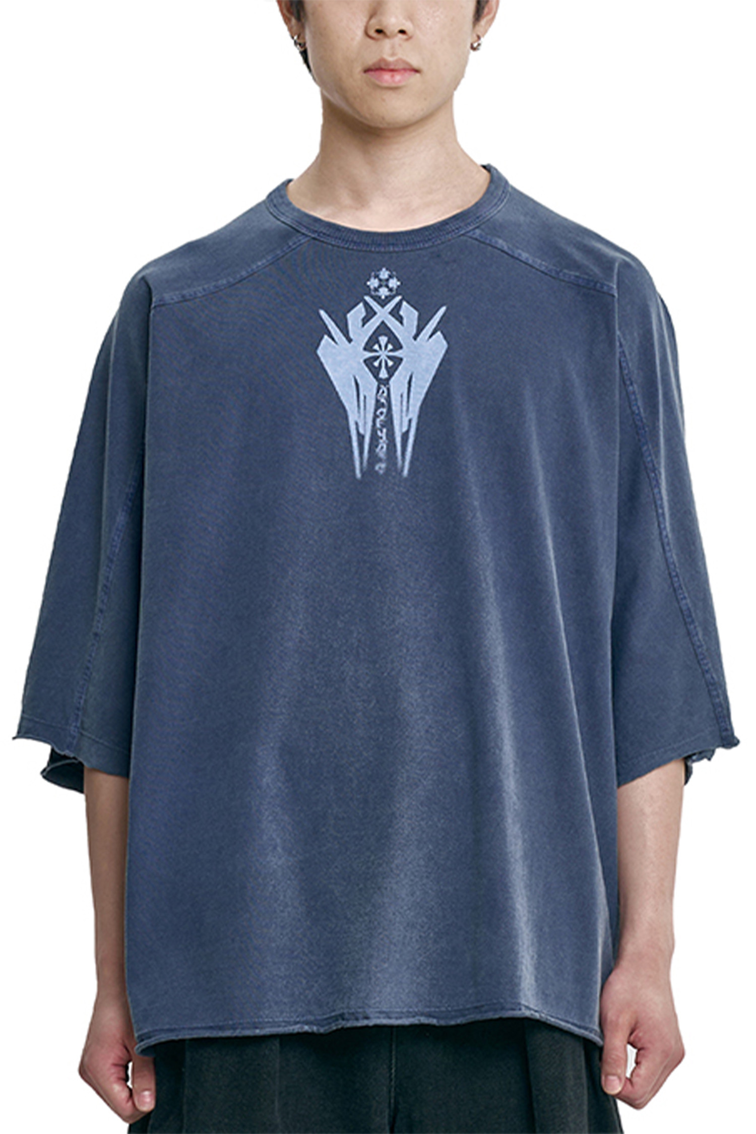 AJOBYAJO] Cross Symbol Washed Raglan T-Shirt - BLUE