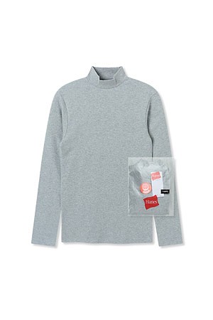 [HANES] ORIGINALS BRUSHED COTTON MOCK NECK LONG SLEEVE T-SHIRT 오리지널스 브러쉬드 코튼 모크넥 롱 슬리브 티셔츠 - HEATHER GRAY