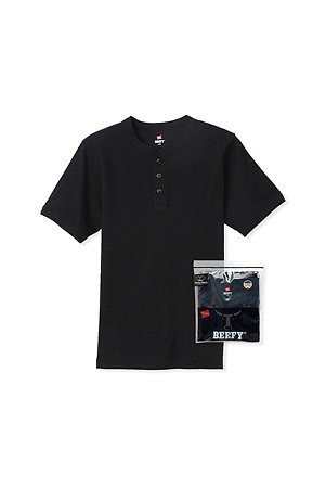 [HANES] 헤인즈 비피 립 헨리넥 티셔츠 - BLACK