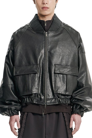 [아조바이아조] Faux Leather Ribbed Collar Blouson 포 레더 리브드 칼라 블루종 - DARK BROWN