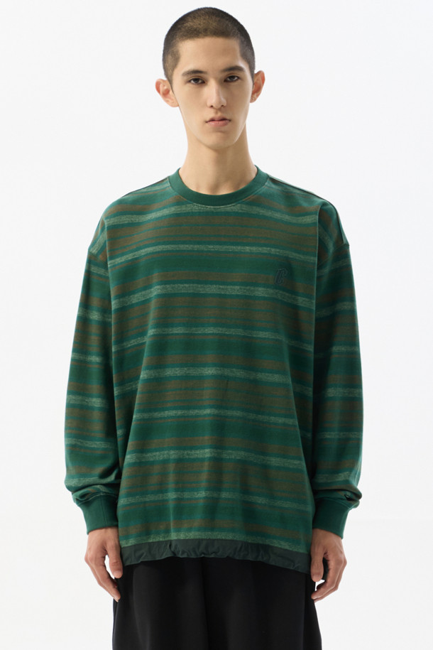 CUSTOMELLOW - 긴팔티셔츠 - Green Jacquard Stripes T-Shirt