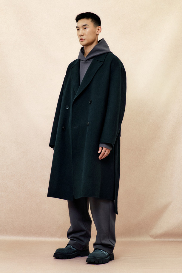 CUSTOMELLOW - 코트 - [Online Only] Dark Green Cashmere Blended Double Coat 