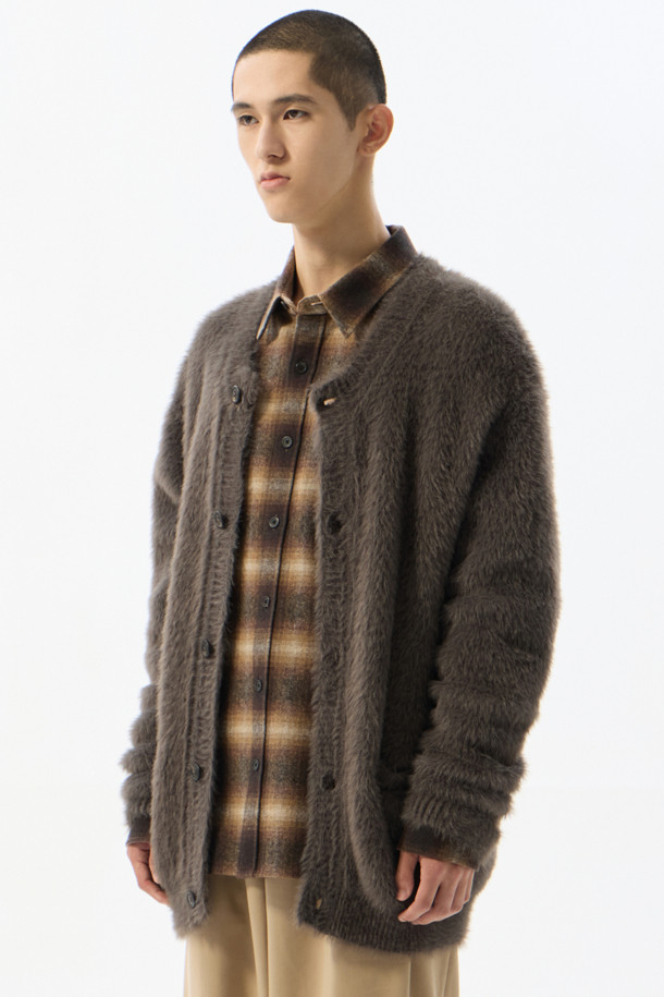 CUSTOMELLOW - 가디건 - Grey Hairy Round Neck Cardigan