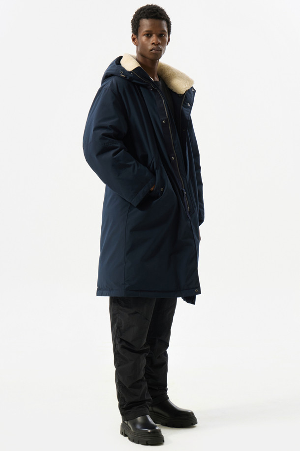 CUSTOMELLOW - 다운/패딩 - Navy Fur Collar Long Down Coat