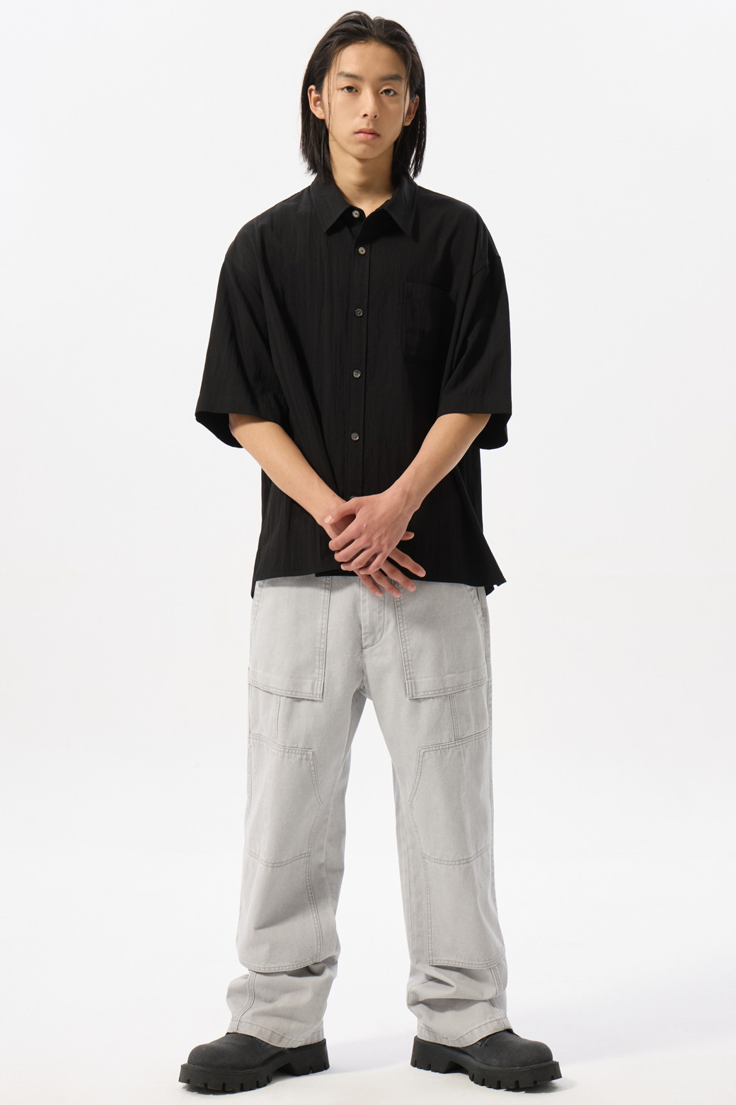 CUSTOMELLOW - 반팔셔츠 - Black Oversized Pleasant Half Shirt