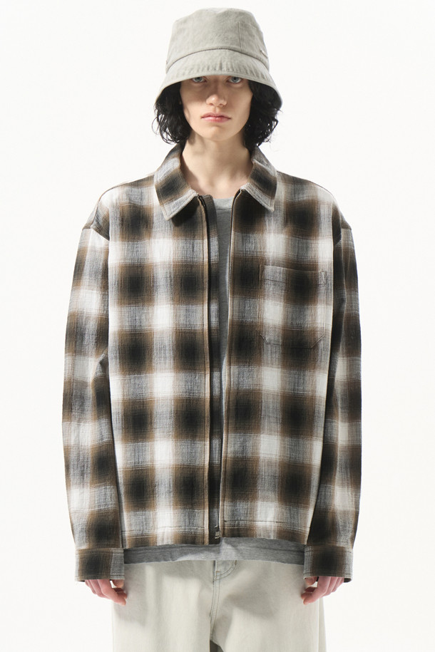 CUSTOMELLOW - 긴팔셔츠 - Beige Check Zip-Up Outer Shirt