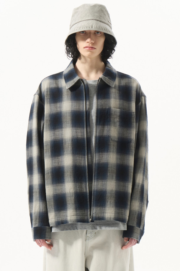 CUSTOMELLOW - 긴팔셔츠 - Navy Check Zip-Up Outer Shirt