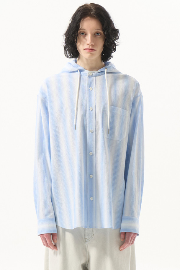 CUSTOMELLOW - 긴팔셔츠 - Blue Fine-Checkered Stripe Pattern Hooded Shirt