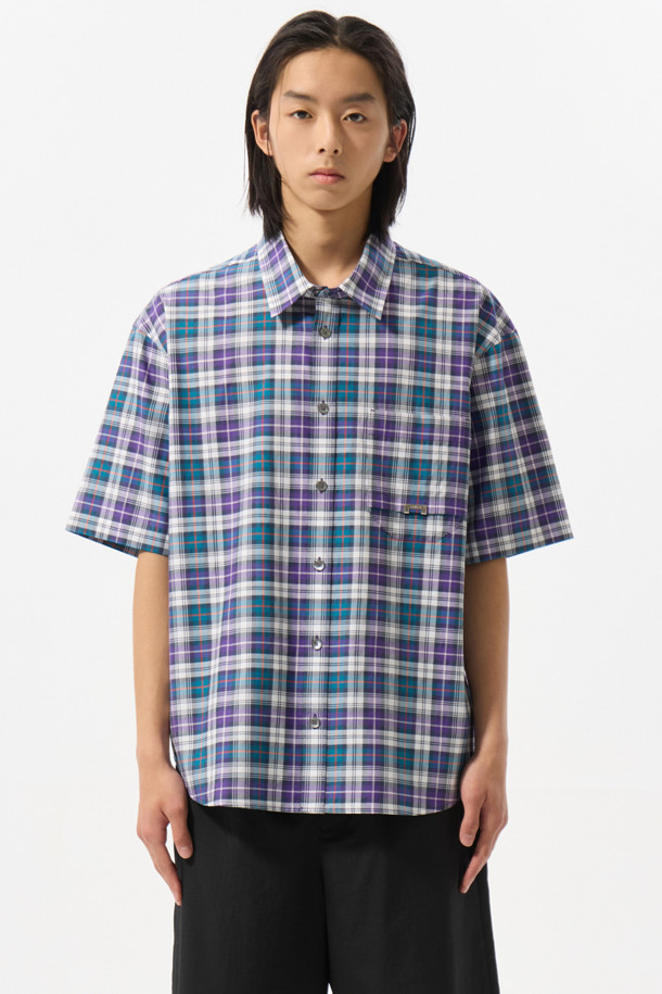 CUSTOMELLOW - 반팔셔츠 - Purple Checkered Half Shirt