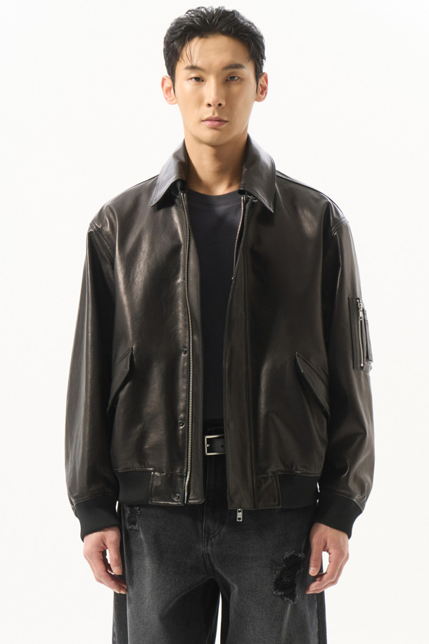 CUSTOMELLOW - 블루종/점퍼 - Black Detatchable Collar Leather Blouson