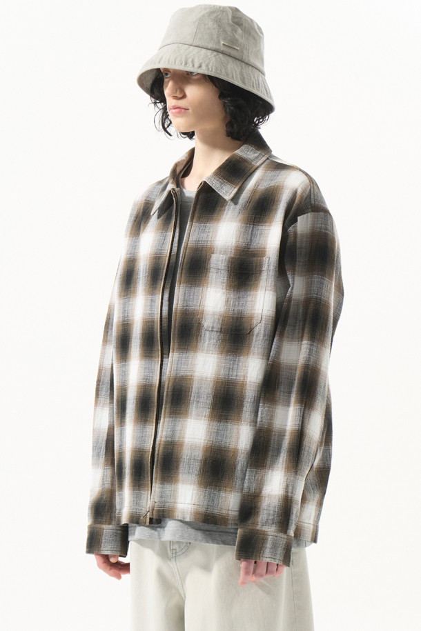 CUSTOMELLOW - 긴팔셔츠 - Beige Check Zip-Up Outer Shirt