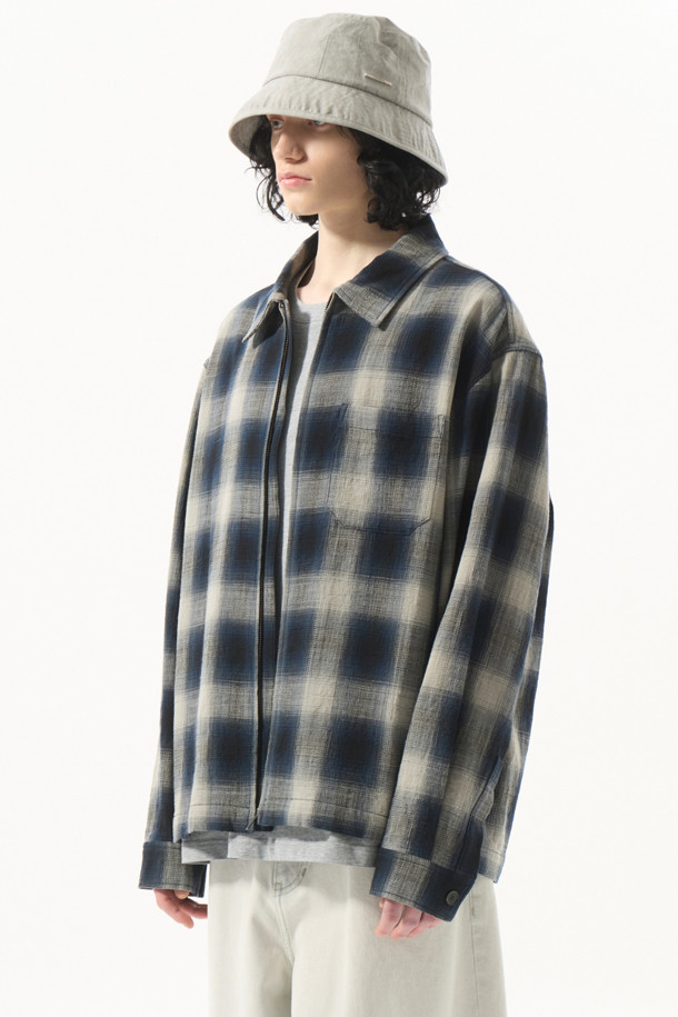 CUSTOMELLOW - 긴팔셔츠 - Navy Check Zip-Up Outer Shirt