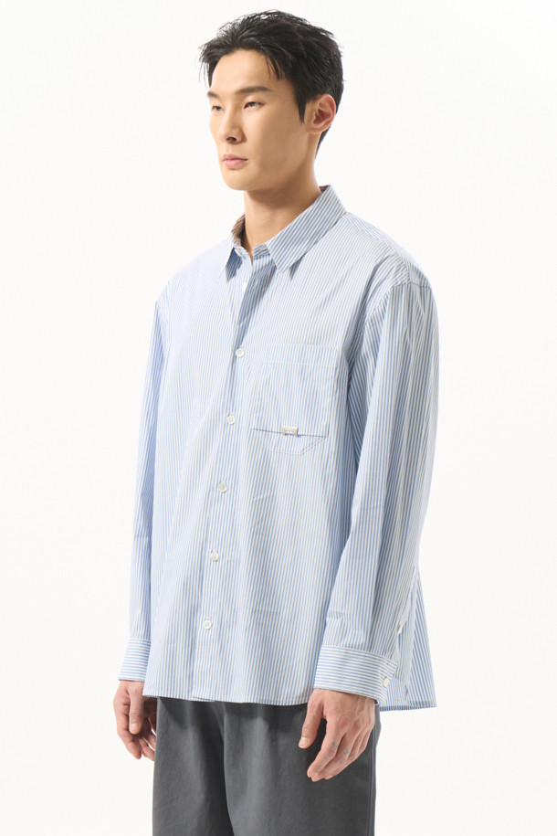 CUSTOMELLOW - 긴팔셔츠 - SkyBlue 2-Collar Detail Side Slit Shirt (Stripe)