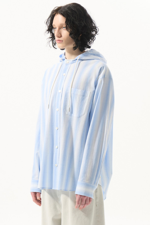 CUSTOMELLOW - 긴팔셔츠 - Blue Fine-Checkered Stripe Pattern Hooded Shirt