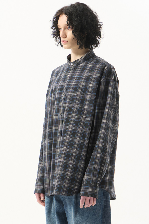 CUSTOMELLOW - 긴팔셔츠 - Navy Check Henry-Neck Shirt