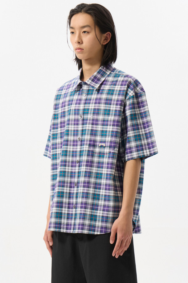 CUSTOMELLOW - 반팔셔츠 - Purple Checkered Half Shirt