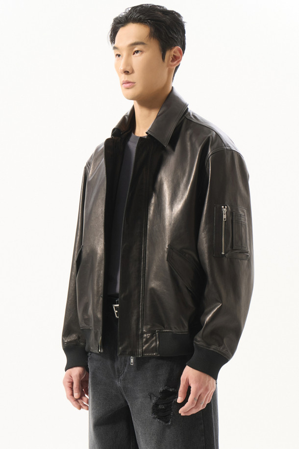 CUSTOMELLOW - 블루종/점퍼 - Black Detatchable Collar Leather Blouson