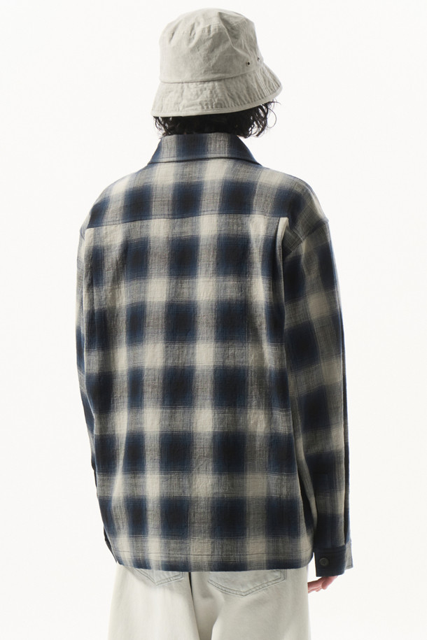 CUSTOMELLOW - 긴팔셔츠 - Navy Check Zip-Up Outer Shirt