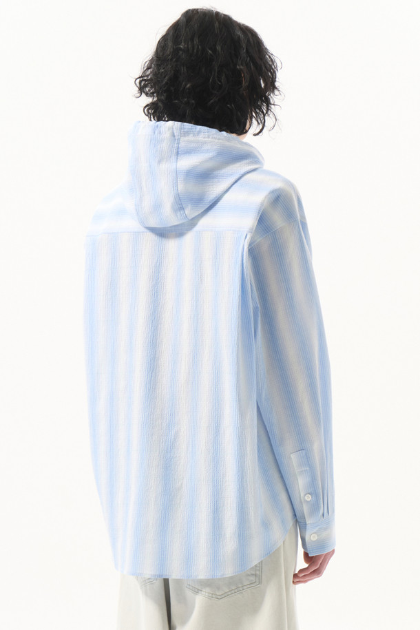 CUSTOMELLOW - 긴팔셔츠 - Blue Fine-Checkered Stripe Pattern Hooded Shirt