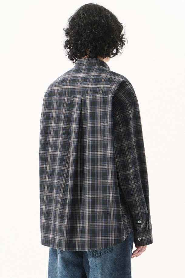 CUSTOMELLOW - 긴팔셔츠 - Navy Check Henry-Neck Shirt