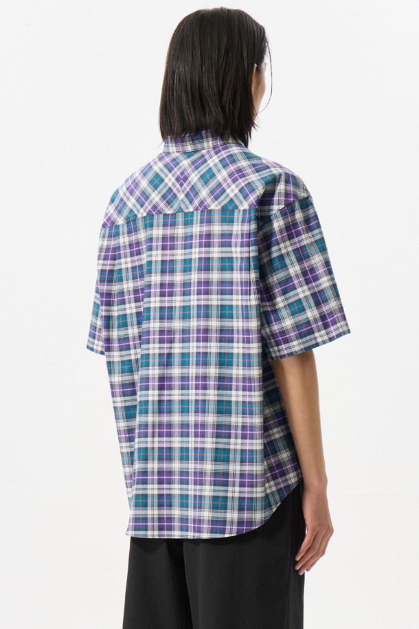 CUSTOMELLOW - 반팔셔츠 - Purple Checkered Half Shirt
