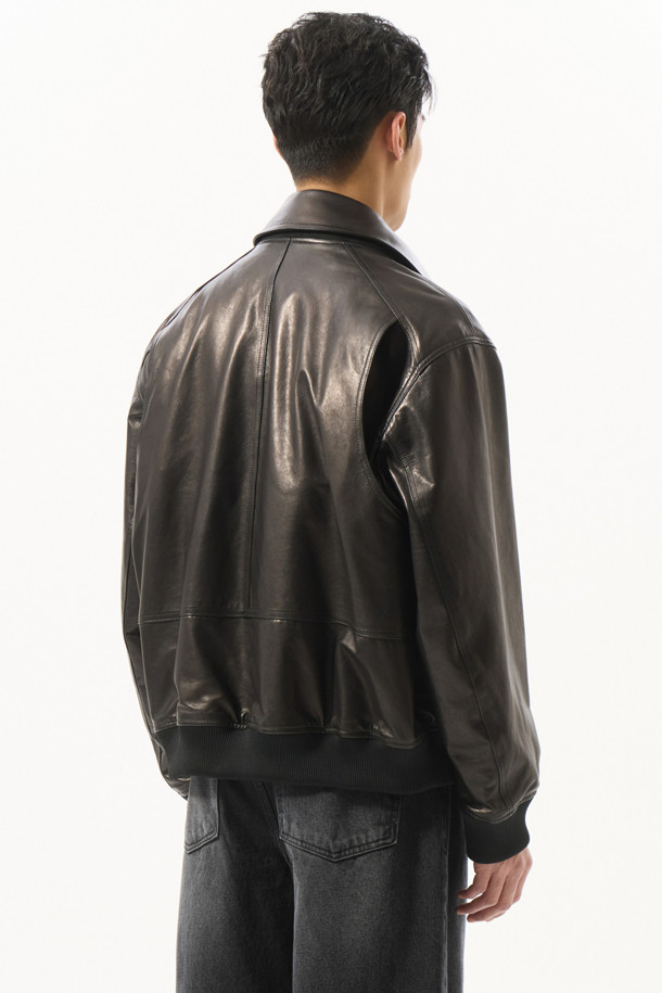 CUSTOMELLOW - 블루종/점퍼 - Black Detatchable Collar Leather Blouson