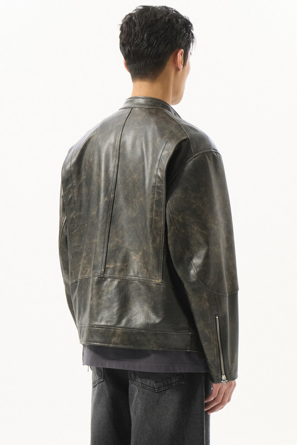 CUSTOMELLOW - 블루종/점퍼 - Grey Leather Standneck Bomber