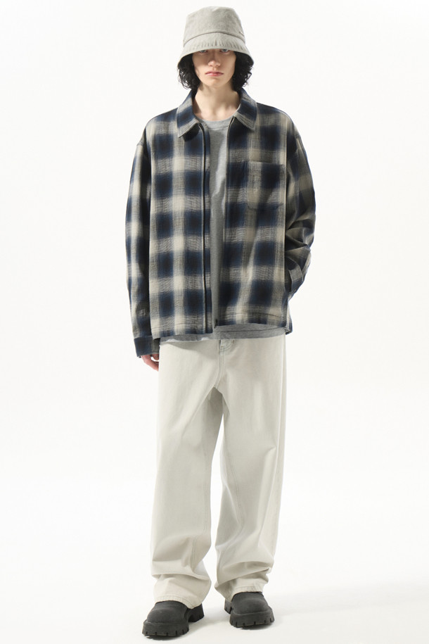 CUSTOMELLOW - 긴팔셔츠 - Navy Check Zip-Up Outer Shirt