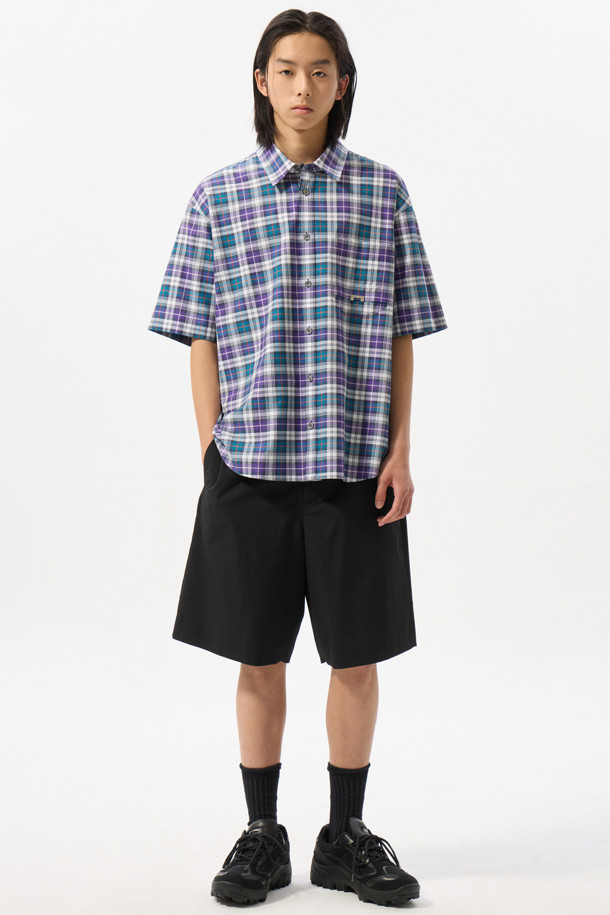 CUSTOMELLOW - 반팔셔츠 - Purple Checkered Half Shirt