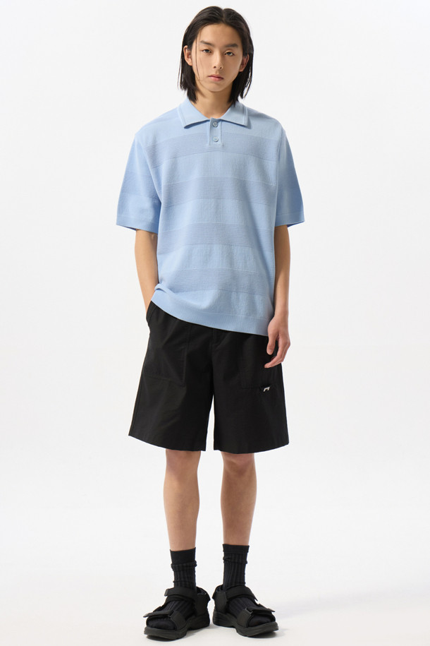CUSTOMELLOW - 스웨터 - Blue Stripes Texture Collar Sweater