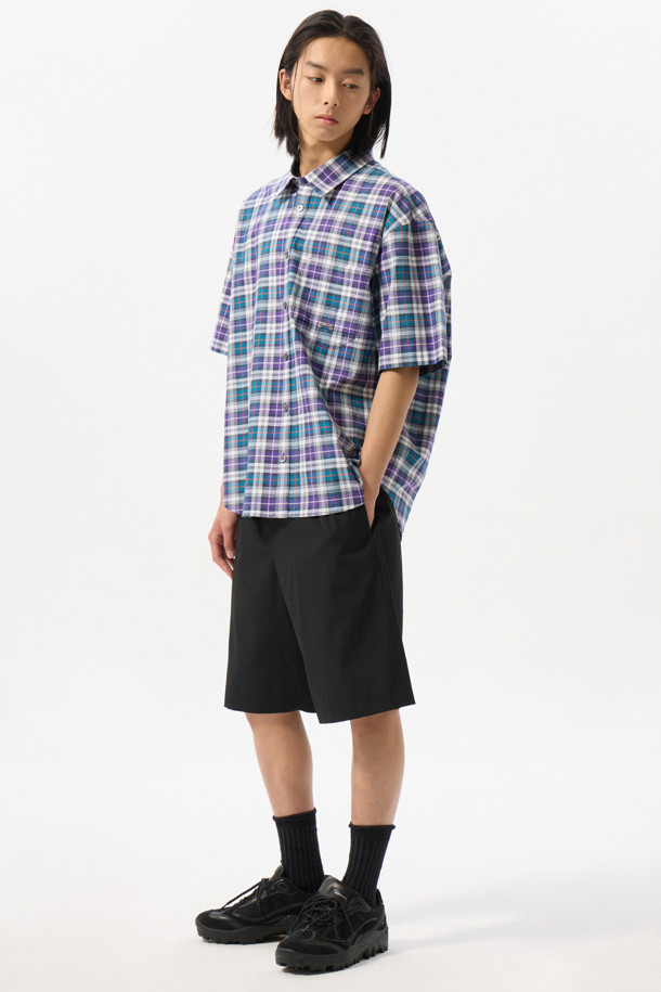 CUSTOMELLOW - 반팔셔츠 - Purple Checkered Half Shirt