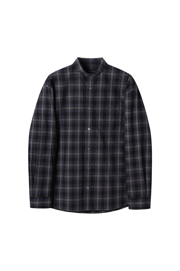 CUSTOMELLOW - 긴팔셔츠 - Navy Check Henry-Neck Shirt