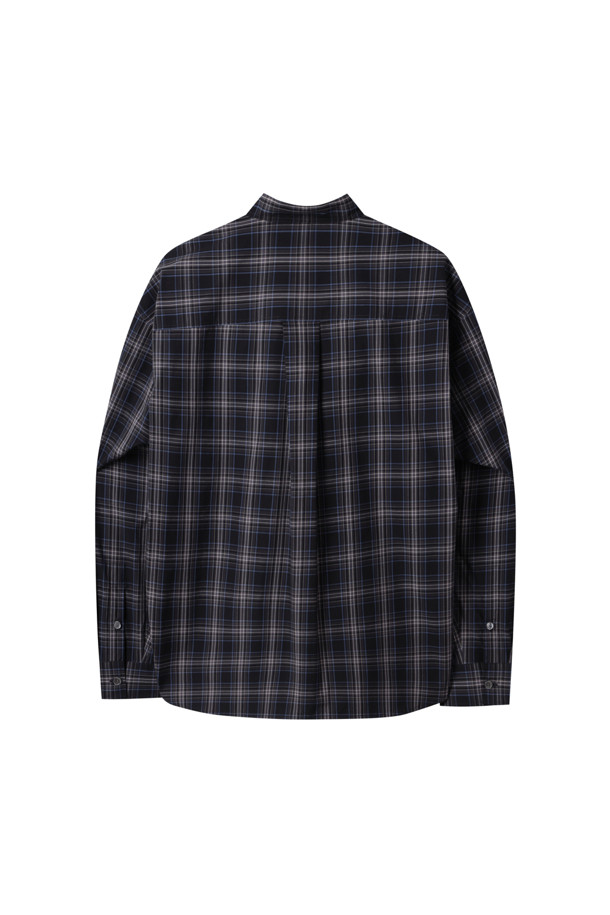 CUSTOMELLOW - 긴팔셔츠 - Navy Check Henry-Neck Shirt