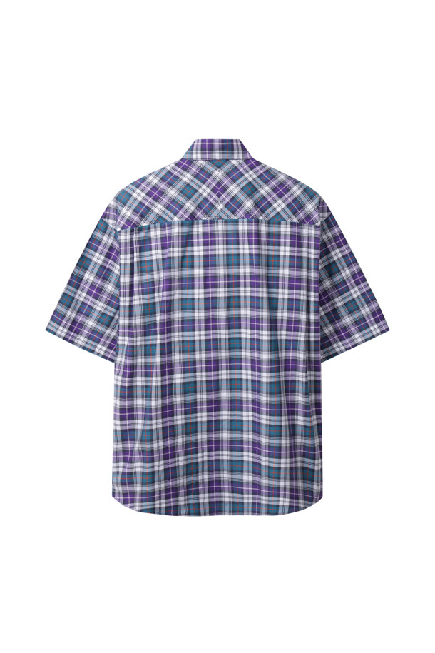 CUSTOMELLOW - 반팔셔츠 - Purple Checkered Half Shirt