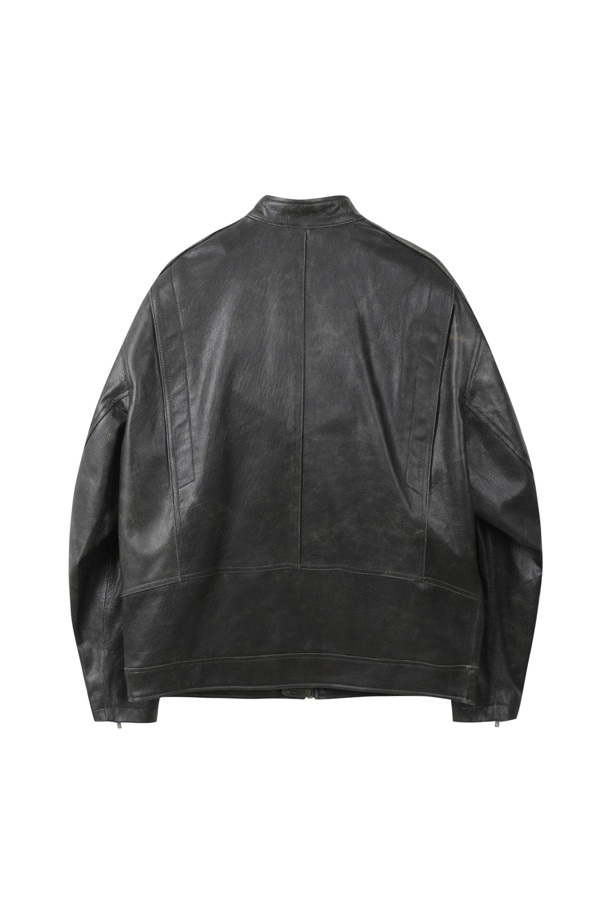 CUSTOMELLOW - 블루종/점퍼 - Grey Leather Standneck Bomber