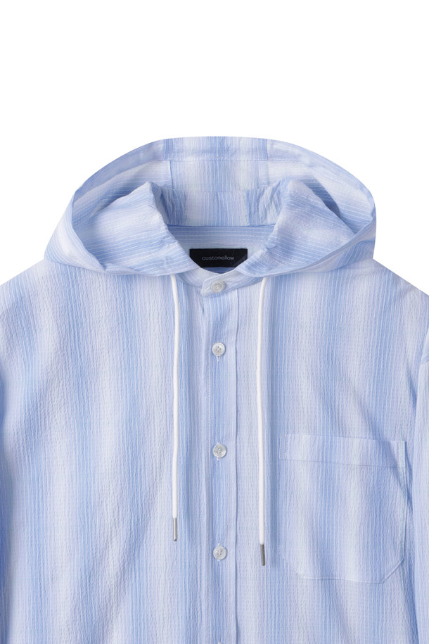 CUSTOMELLOW - 긴팔셔츠 - Blue Fine-Checkered Stripe Pattern Hooded Shirt