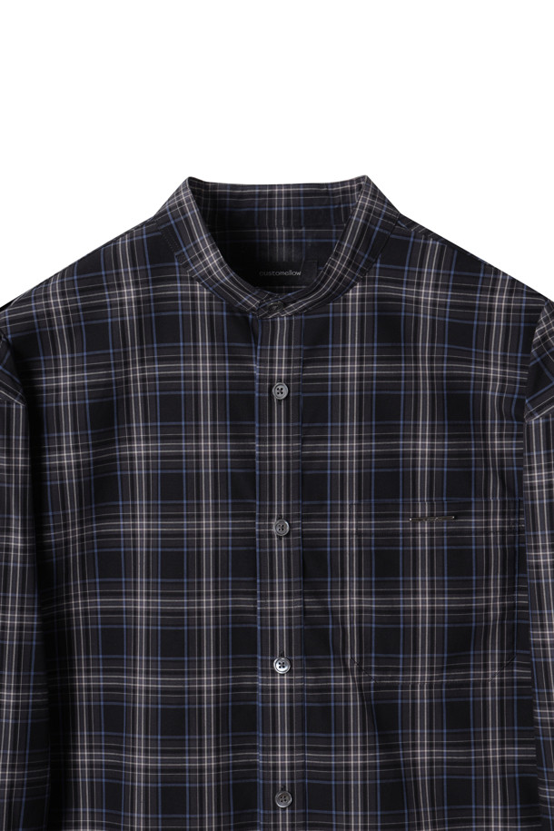 CUSTOMELLOW - 긴팔셔츠 - Navy Check Henry-Neck Shirt