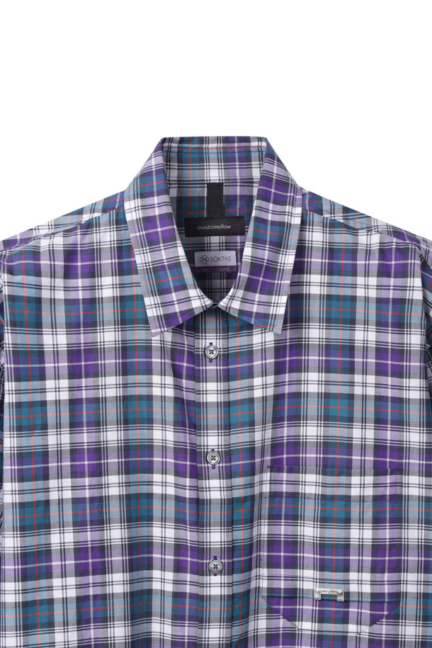 CUSTOMELLOW - 반팔셔츠 - Purple Checkered Half Shirt