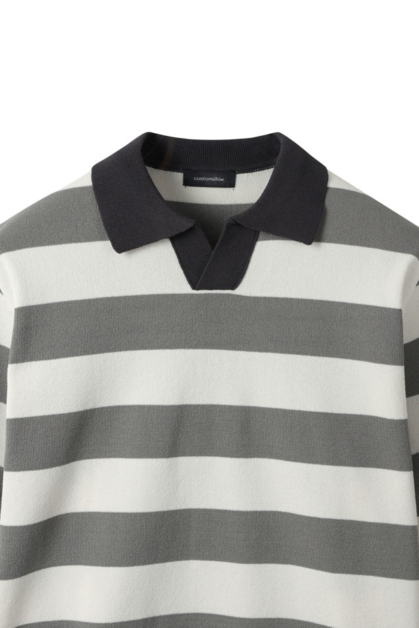 CUSTOMELLOW - 스웨터 - Grey Bold Stripes Collar Sweater