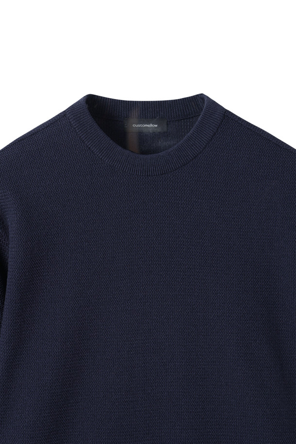 CUSTOMELLOW - 스웨터 - Navy Texture Half Round Neck Sweater