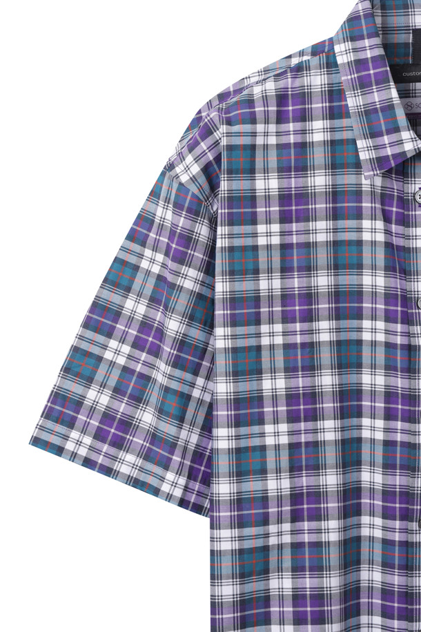 CUSTOMELLOW - 반팔셔츠 - Purple Checkered Half Shirt