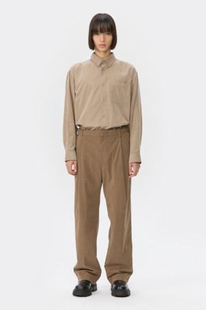 Beige Wide Fit One Tuck Corduroy Pants