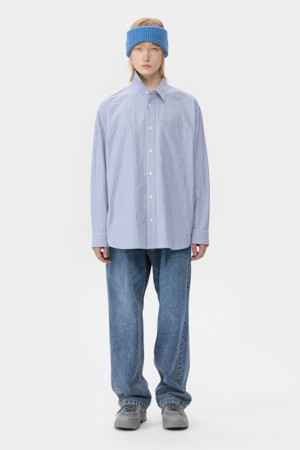 Blue Oversized Fit Slit Collar Long Shirt